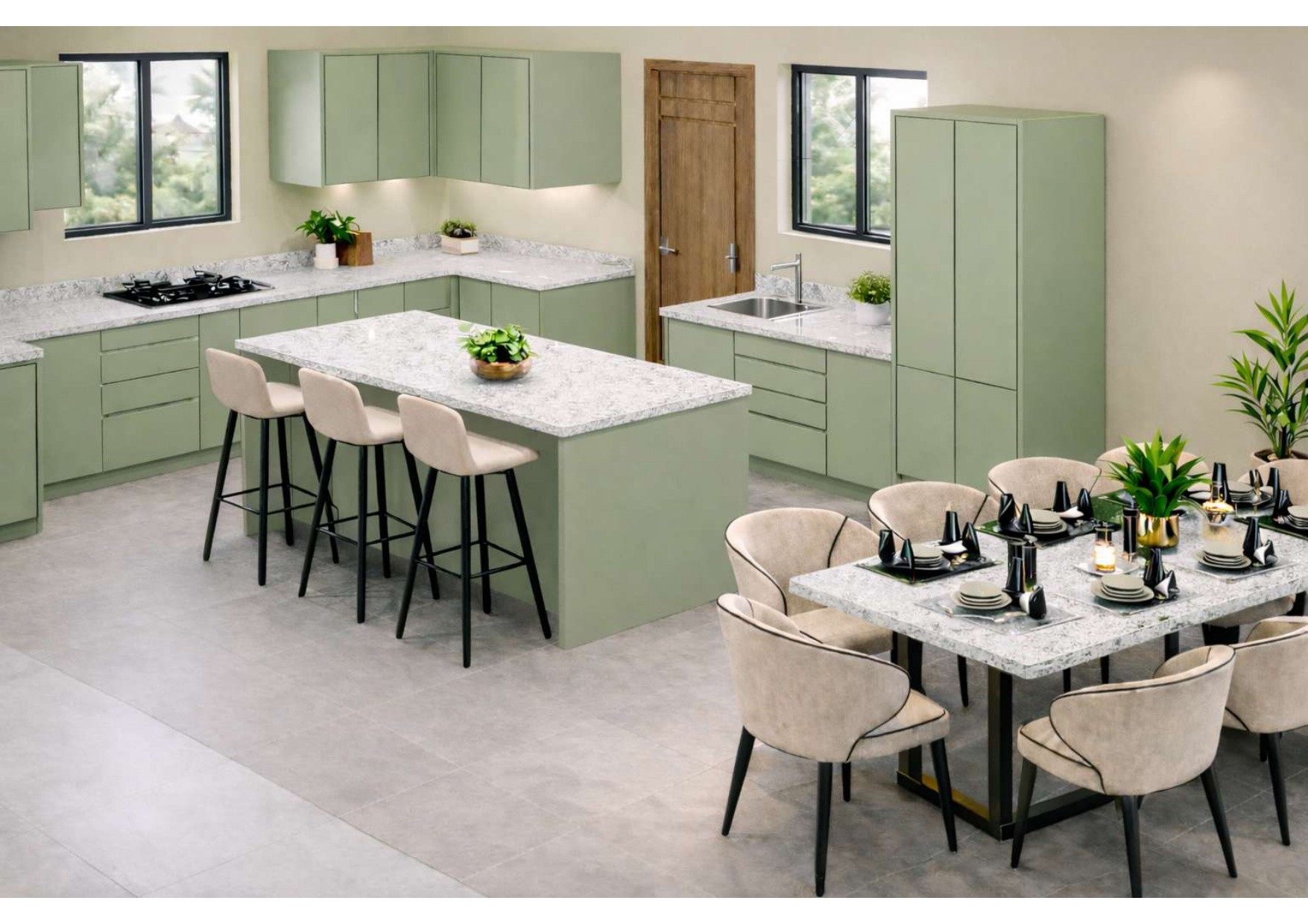 Contemporary Sage Kitchen & Dining Island Residence